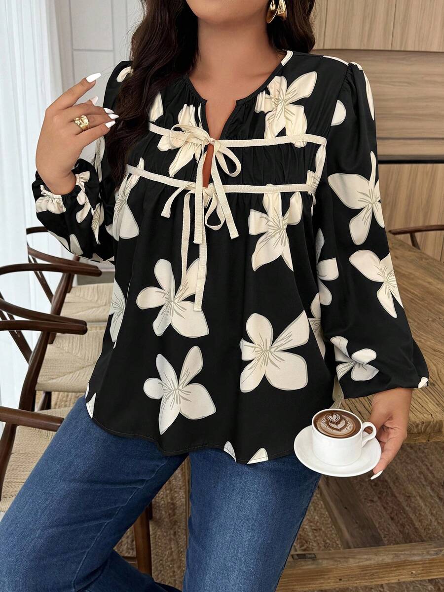 Weeklong Chemise ample à manches lanternes, imprimé floral et nœud devant, pour femmes grandes tailles - Multicolore - Voir 1