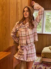 Aralina Sleepwear Women's 2pcs Plaid Print Flannel Checkered Collared Buttton Down Long Sleeve Shirt And Shorts Matching Set With Ruffle Hem Detail , Flannel Pajamas , Cute Cosy Christmas Pajamas