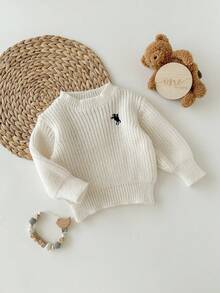 SHEIN 女婴休闲骑士刺绣毛衣，秋冬 - 白色 - 查看 6