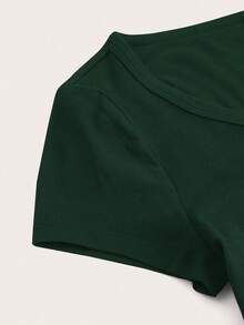 SHEIN EZwear 休闲简约深绿色圆领插肩袖修身女式 T 恤 - 墨綠色 - 查看 4