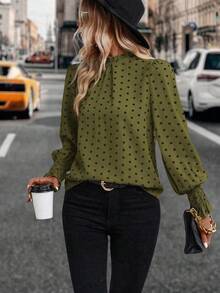 SHEIN PETITE Women's Woven Casual Vacation Polka Dot Autumn Shirt