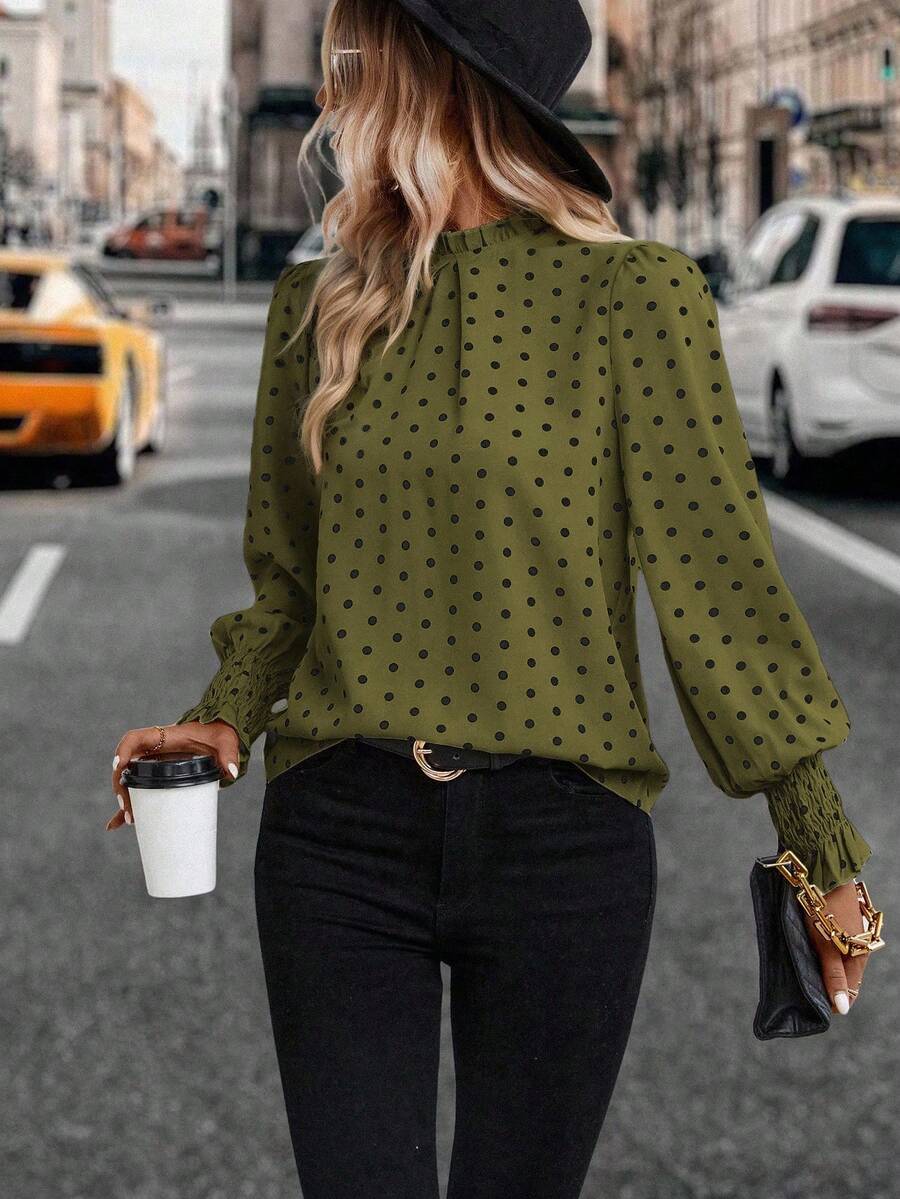 SHEIN PETITE Women's Woven Casual Vacation Polka Dot Autumn Shirt