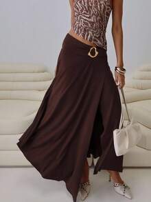 Siren Gaze 女式纯色金属腰部设计侧开衩下摆时尚半身裙 - 咖啡棕 - 查看 2