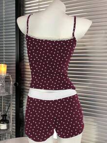 INAWLY 女式蕾丝边无袖全身印花背心 + 短裤套装，休闲夏季 - 酒紅色 - 查看 2