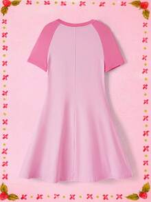 HELLO KITTY AND FRIENDS | SHEIN 女性休閒運動卡通和字母印花對比配色拉弦袖連衣裙，夏季 - 淺粉色 - 查看 2