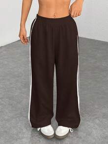 SHEIN PETITE 女式休闲黑色侧条纹长裤，松紧腰身，宽松百搭