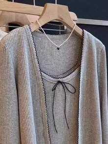 INAWLY 女士时尚休闲浪漫优雅度假吊带背心和开衫两件套 - 灰色 - 查看 3