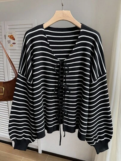 Comfortcana Plus Size Women Casual Striped Tie Front Loose Cardigan, Autumn/Winter