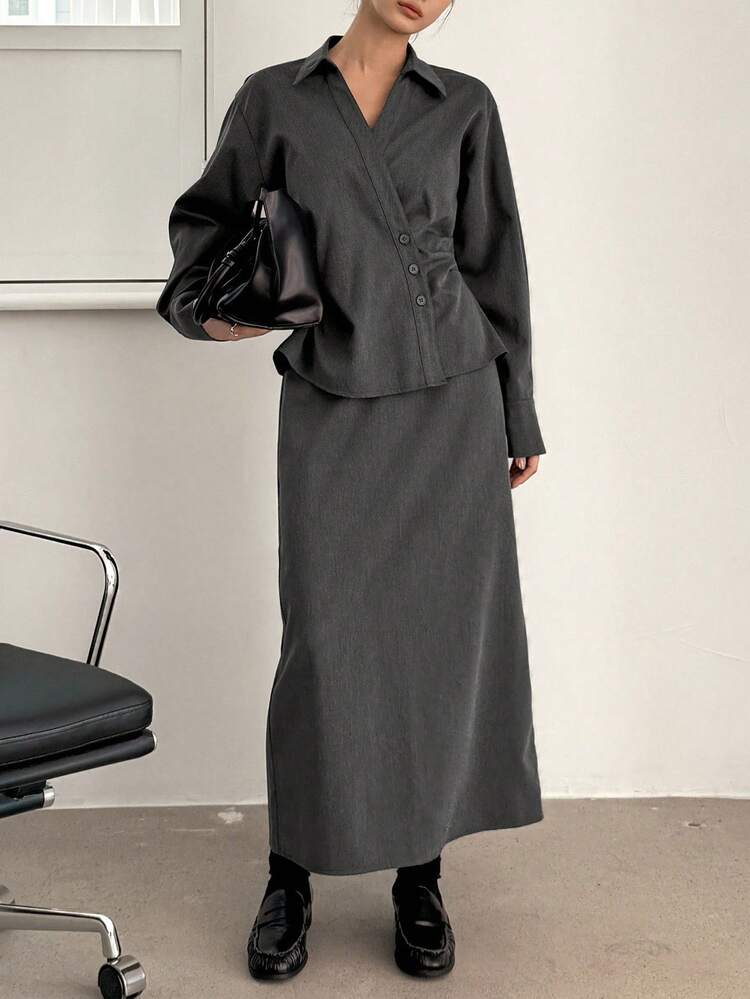 Solid Button Front Shirt & Split Hem Skirt