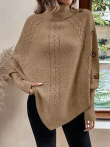 LanaWest Women's Casual High Neck Button Design Cable Pattern Batwing Sleeve Loose Knit Sweater, Autumn/Winter - Camel - View 7