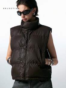 LYSMO SELECTION 2025 New Minimalism Dark Brown Autumn Casual Occasion Women Solid Color Sleeveless Stand Collar Winter Coat Warm Stockholm Style Streetwear - Brown - View 6