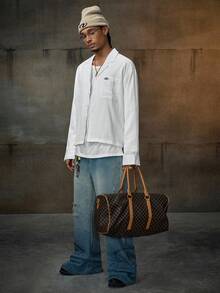 AXEPEAK 男士口袋设计波浪条纹长袖休闲衬衫，秋季款 - 米色 - 查看 7