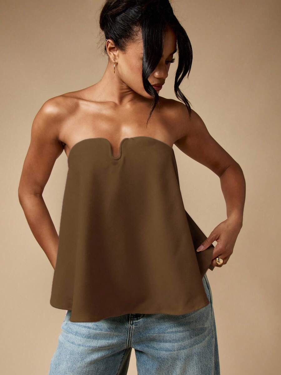 MISSGUIDED 优雅无肩带抹胸上衣,U型领口,适合晚宴、派对、夏季时尚、度假、俱乐部、正式场合、婚礼宾客等场合 - 棕色 - 查看 1