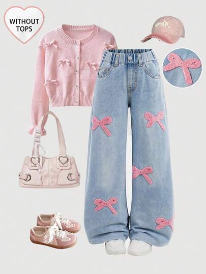 Girlism Tween Girls Y2K 浅色水洗高腰抽绳腰部蝴蝶结刺绣口袋可爱阔腿牛仔裤休闲宽松牛仔裤，女童秋冬返校返校节牛仔裤，女童裤子街头服饰复古服装，舒适百搭，适合 8-12 岁女孩，适合上学、居家和旅行，刺绣牛仔裤