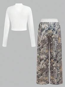 Girlism Tween Girls Autumn/Winter White Ribbed Knit Stand Collar Long Sleeve Cardigan T-Shirt With Contrasting Leaf Print Waistband And Wide Leg Sporty Pants 2 Pieces Set - Multicolor - View 2