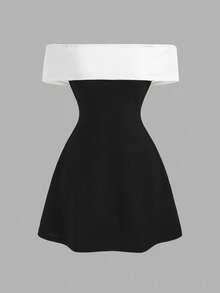 Girlism 少女黑白露肩针织连衣裙，配超大蝴蝶结、拼色、优雅派对礼服，适合圣诞节和聚会 - 黑與白 - 查看 2