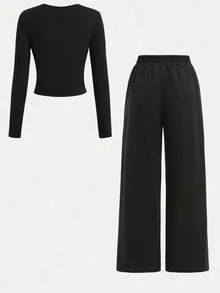 Girlism Teen Girls T-Shirt Co-Ords Solid Color Crew Neck Long Sleeve Snug Fit T-Shirt And Sweatpants Set - Black - View 2