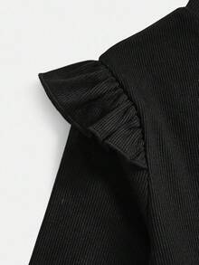 少女优雅通勤休闲荷叶袖罗纹拼接千鸟格图案中长连衣裙，系带细节，吊带裙，女童连衣裙，黑色女童连衣裙，荷叶边下摆女童连衣裙，返校季，春节，派对千鸟格 - 黑與白 - 查看 5