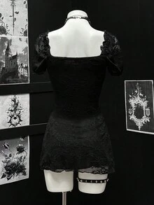 EgrlEra 女式性感蕾丝面料收腰哥特式A字迷你连衣裙 - 黑色 - 查看 2