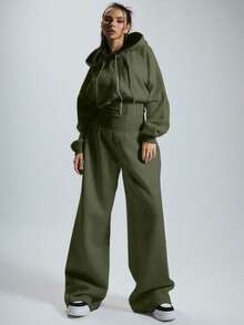 MUSERA 连帽拉链连体裤，收腰设计，休闲居家风格，胶囊衣橱必备单品，日常百搭，适合冬季、机场、春夏穿着。 - 軍綠色 - 查看 3