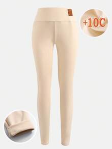 SHEIN Leggings per ragazze pre-adolescenti, termici e foderati per l'autunno/inverno, in morbido tessuto elasticizzato a costine, con toppe in PU, adatti a ogni occasione, colori cachi e albicocca