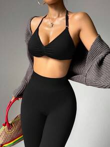 Dewbera Dewbera Setelan Olahraga Wanita Warna Polos, Atasan Halter Tanpa Punggung dan Legging - Hitam - View 4