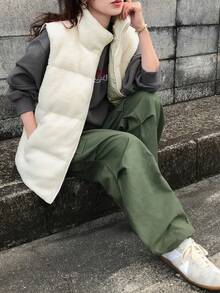 FRIFUL 女士白色纯色羊羔绒领无袖绗缝背心外套，秋季女装外套 - 杏色 - 查看 2