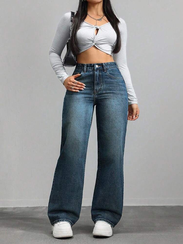 SHEIN ICON Plus Size Women Loose Fit Vintage Wash Pockets Wide Leg Casual Jeans - Blue - View 4