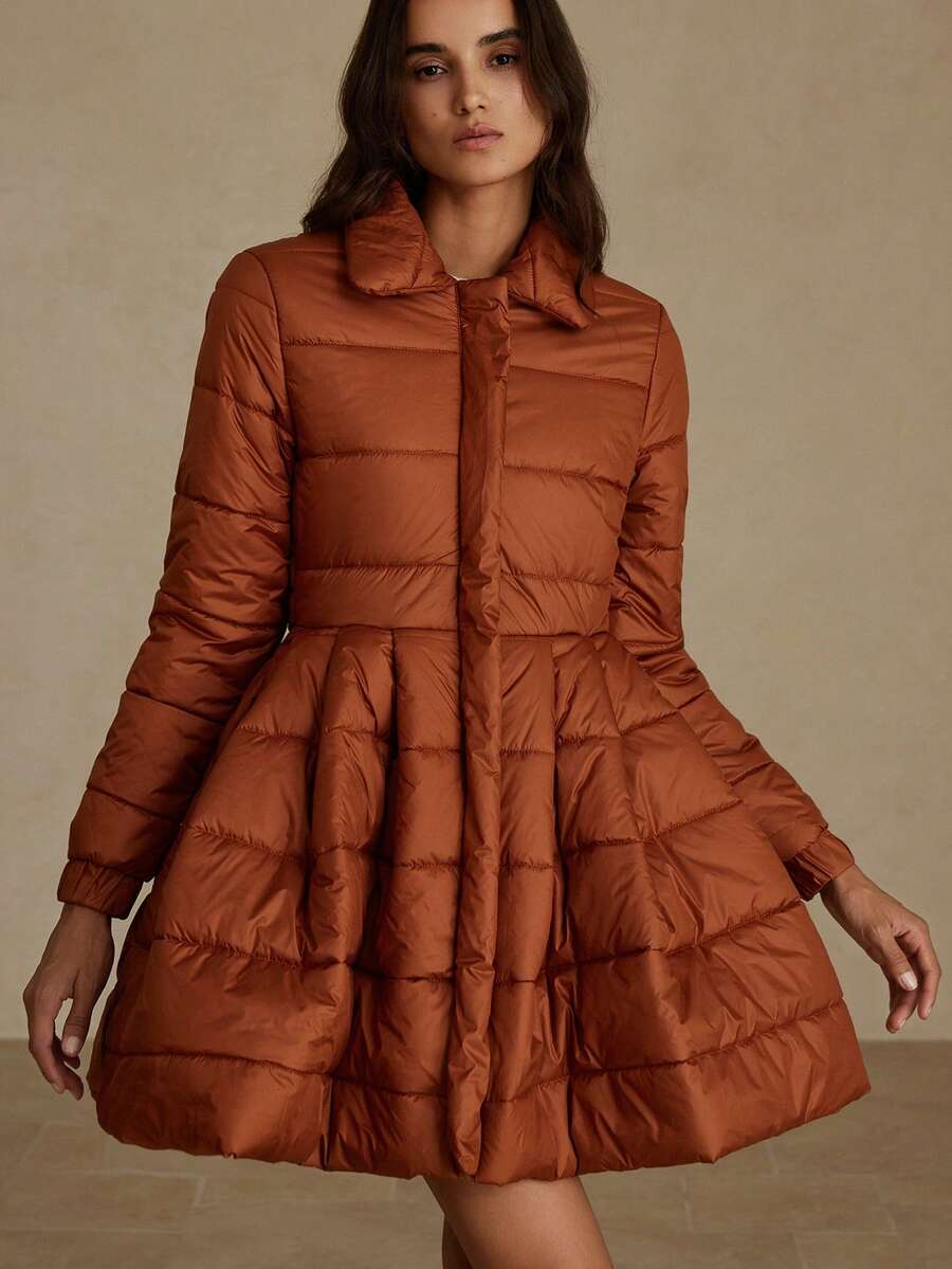 Revavyn 法式浪漫收腰喇叭下摆女式短款加厚棉服外套，冬装时尚 - 黃色 - 查看 1