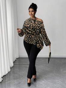 Maweii Plus Size Women's Elegant Casual Blouse With Oblique Shoulder, Ruffle, Rose Flower, Waist Cinching, Leopard Print, Suitable For Spring, Autumn, Winter