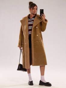 SHEIN BAE 女士休闲复古棕色中长款保暖内衬夹克，冬季棕色外套女士冬季外套秋季外套长款外套棕色夹克，棕色衣服，女士外套，女士秋季衣服 - 卡其色 - 查看 5