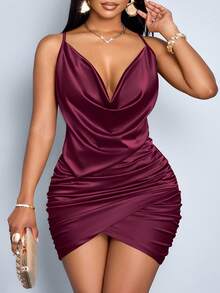 SOLERSUN Women's Elegant Solid Color Draped Collar Backless Ruched Satin Party Bodycon Short Dress - Red Violet - View 3