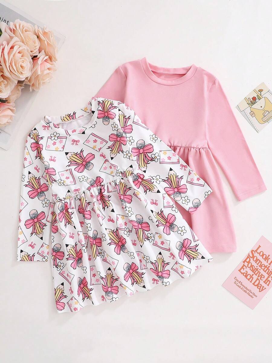 SHEIN 休闲宽松圆领长袖女婴连衣裙 - 彩色 - 查看 1