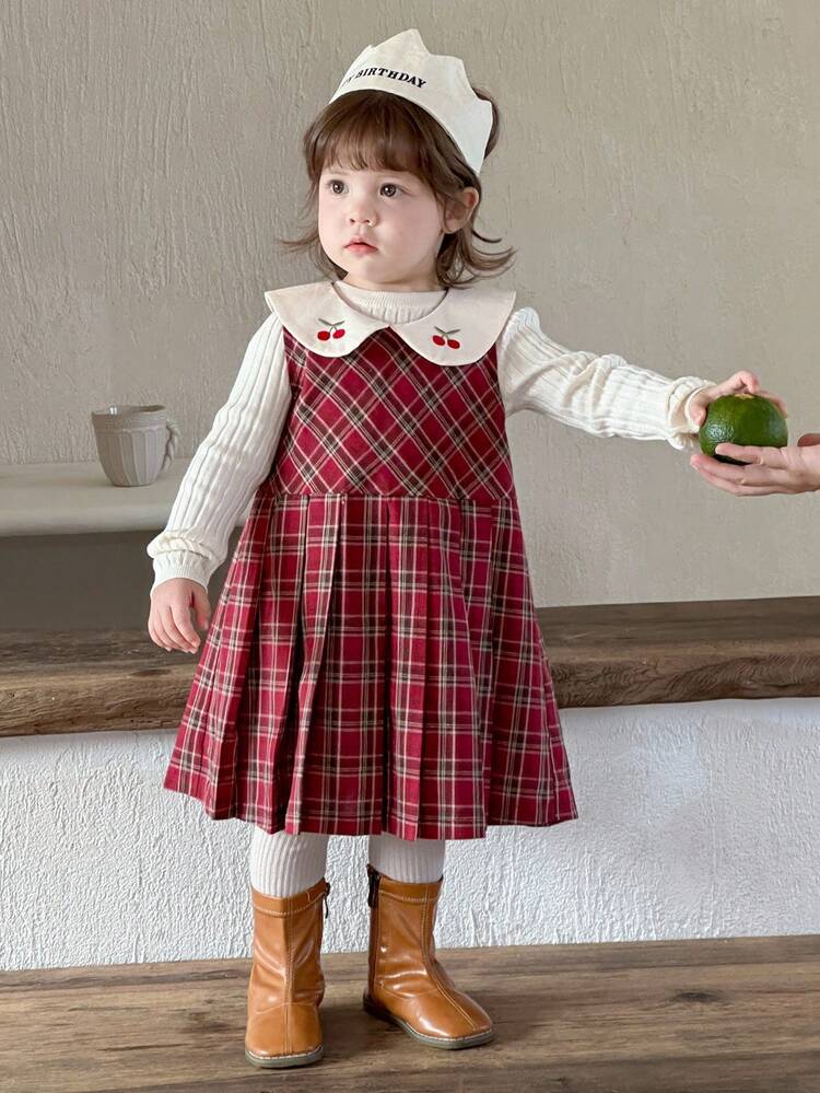 Baby Girls' Plaid Casual Korean Style Cartoon Fruit Embroidery Peter Pan Collar Mid-Length Dress Christmas Toddler Girls Clothes