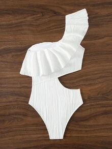 SHEIN Swim Summer Beach Women One Piece Swimsuit With Solid Color, Splicing Design, Ruffle Trim, One Shoulder, Simple And Fashionable For Vacation - White - View 6