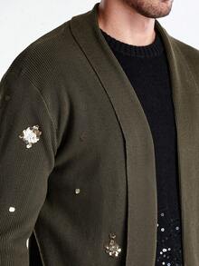 Manfinity CityGents 男士亮片装饰披肩领休闲开衫，秋冬 - 卡其色 - 查看 2