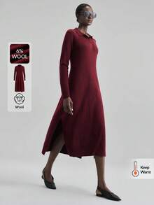 Ontre 2025 年新款针织混纺中长连衣裙，酒红色，柔软针织面料，修身直筒廓形，领口半拉链，商务休闲，办公室着装，秋冬装，适合万圣节、圣诞节、教师、女士办公室着装 - 酒紅色 - 查看 1