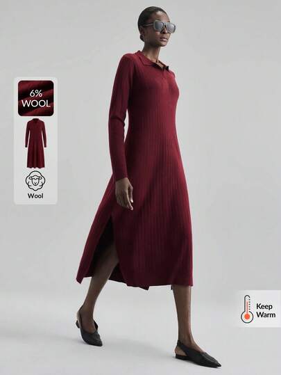 Ontre 2025 年新款针织混纺中长连衣裙，酒红色，柔软针织面料，修身直筒廓形，领口半拉链，商务休闲，办公室着装，秋冬装，适合万圣节、圣诞节、教师、女士办公室着装