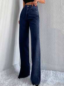 SHEIN Tall Jeans a vita alta in cotone 100%, gamba ampia con orlo grezzo, per taglie TALL