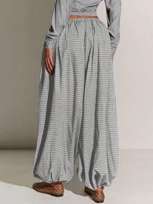 Athîral Women's Plaid Elastic Waist Loose Casual Balloon Pants, Summer