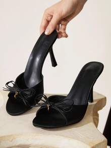 CUCCOO CHICEST Women's Black PU Mule Pumps With Heart Charm, Pointed Toe High Heels - Black - View 9