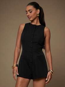 L'Amorae 女式无袖连体裤，背部蝴蝶结，办公室商务休闲装 - 黑色 - 查看 3