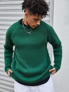 Manfinity CasualKnits 男士纯色圆领休闲百搭长袖套头毛衣，华夫格针织长袖绿色毛衣，秋冬款 - 綠色 - 查看 2