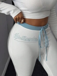 Maweii Plus Size Women Elastic Waist Printed Flare Leg Casual Sweatpants - White - View 4