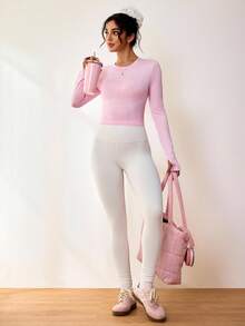 Sovereign Charm Maglietta sportiva da donna casual e versatile, in colore unito, con design a torsione e schiena traforata, adatta per yoga e primavera/autunno - Rosa - Visualizzare 5