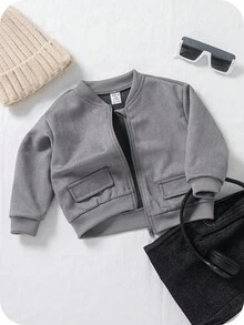 SHEIN Baby Jungen/Mädchen schwarze Baseball Jacke, lässige vielseitige Dekorationstasche, weiches Wildleder-Gewebe, Allround-Streetwear, bequem, einfach, geeignet für Ausflüge, Herbst