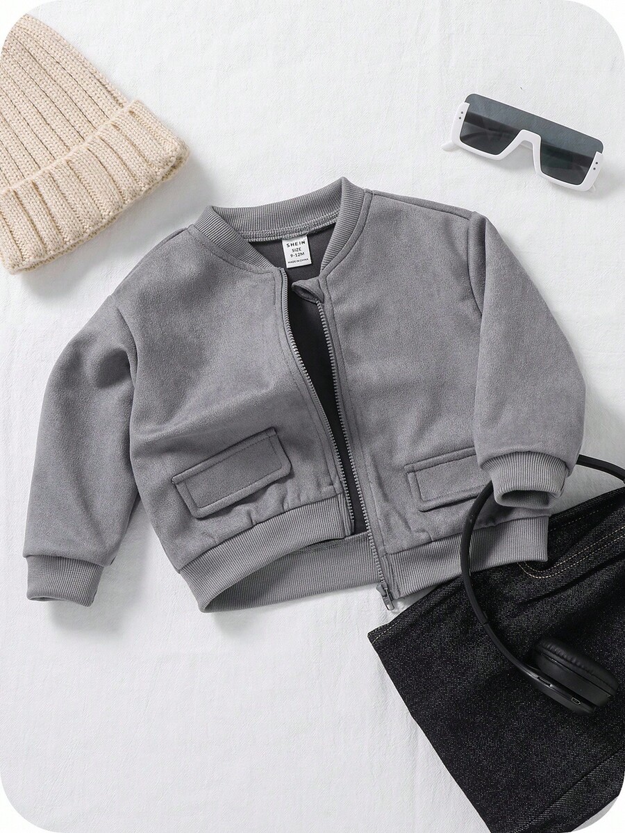 SHEIN Baby Jungen/Mädchen schwarze Baseball Jacke, lässige vielseitige Dekorationstasche, weiches Wildleder-Gewebe, Allround-Streetwear, bequem, einfach, geeignet für Ausflüge, Herbst