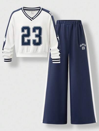 SHEIN Explorewe 2 件女童数字 23 印花运动衫和阔腿裤套装，运动美式风格，适合学校、运动和休闲穿着