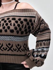 ROMWE Kawaii Plus Size Avant Vintage Geometric Abstract Fair Isle Pattern Fuzzy Plus Size Off-Shoulder Sweater, Retro Street Style Loose Fit Fair Isle Knit Pullover For Autumn/Winter, Plus Size Casual Fashion Women Clothing, Y2K Vintage Inspired Plus Size Women Sweater With Fair Isle Pattern For Holiday Party, Christmas Party, Elegant Plus Size Ladies Knitwear - Multicolor - View 6