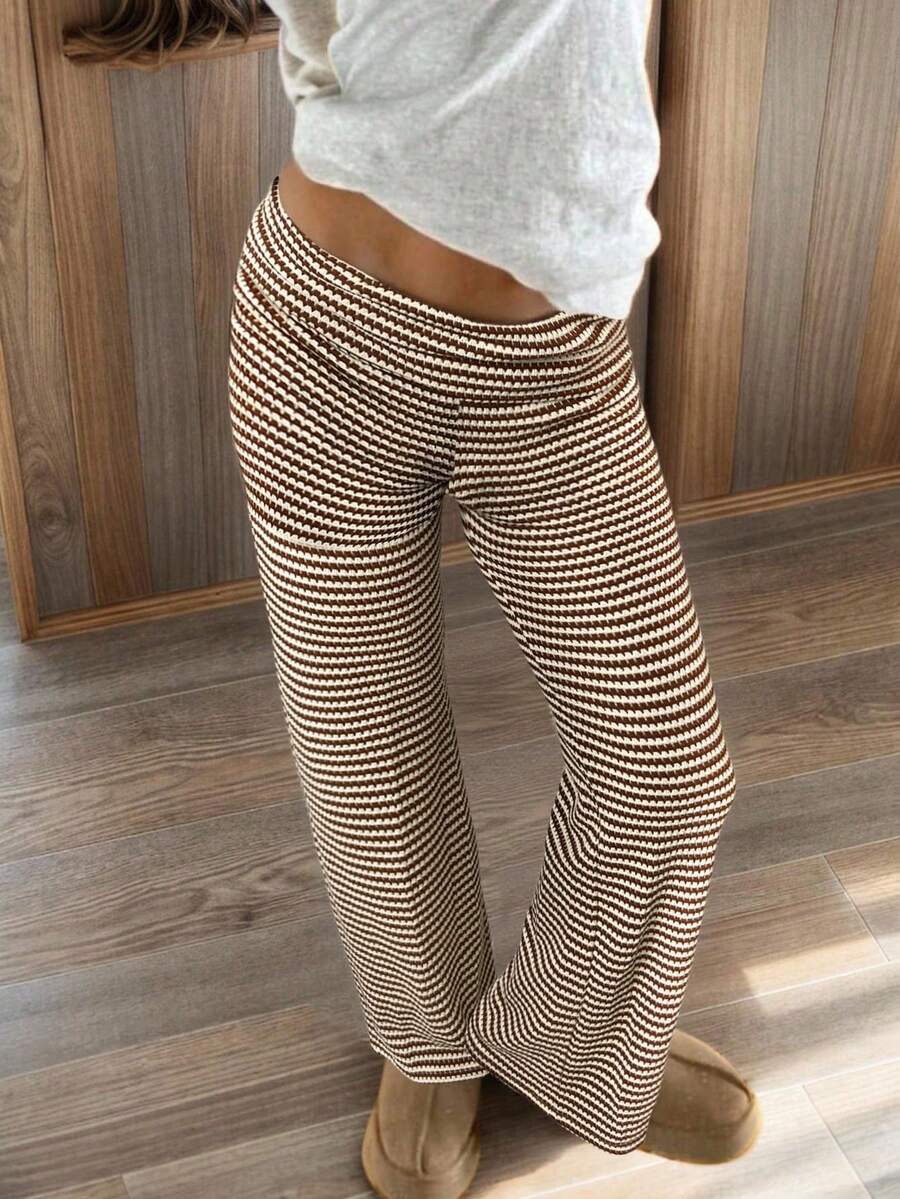 CovetEZ 休闲通勤日常条纹阔腿裤 - 棕色 - 查看 1